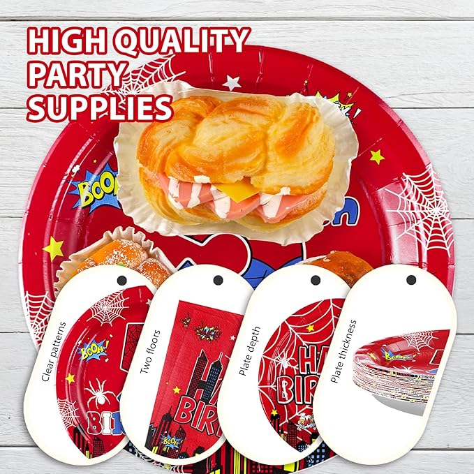 Grencian 96Pcs Cartoon Spider Birthday Party Decorations Red Blue Spider 5th Birthday Party Plates Disposable Super Theme Paper Tableware Set for Spider Kids 5 Year Old Supplies, Serves 24