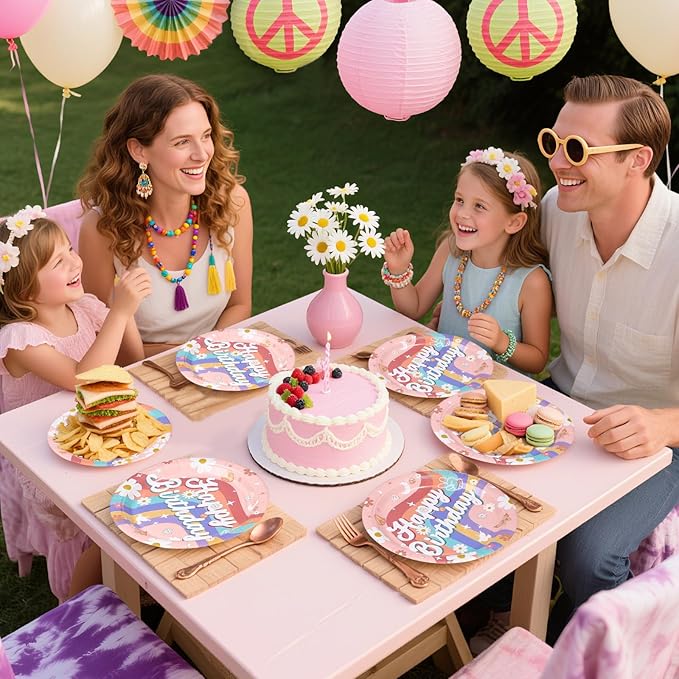 96Pcs Groovy Birthday Party Decorations Boho Groovy Birthday Plates and Napkins Tableware Set Daisy Hippie Rainbow Boho Themed Decorations for Baby Shower Gender Reveal Party Decor Supplies Serves 24