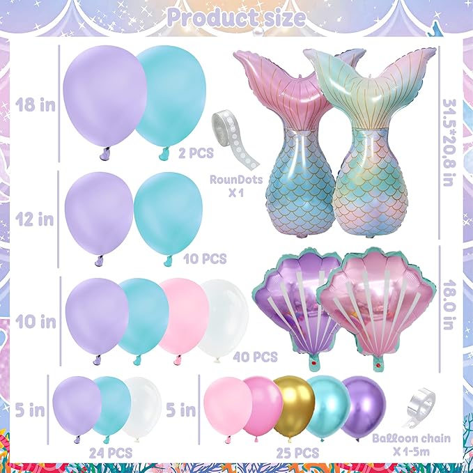 Mermaid Birthday Decorations, 213Pcs Mermaid Party Supplies Include Tablecloth, Plates, Napkins, Cups, Banner, Backdrop, Balloons, Hanging Swirls, Cake & Cupcake Toppers for Girls Birthday Party