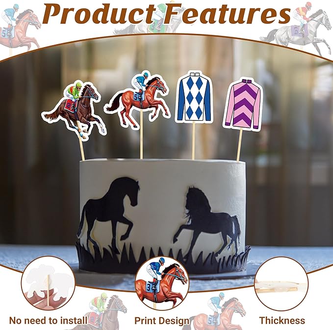 36 PCS Horse Cupcake Toppers, 24 Style Derby Decorations, Clothing Jockey Horse Racing Derby Toothpicks Run for the Rose Cupcake Toppers, Run for the Roses Theme Horse Party Supplies
