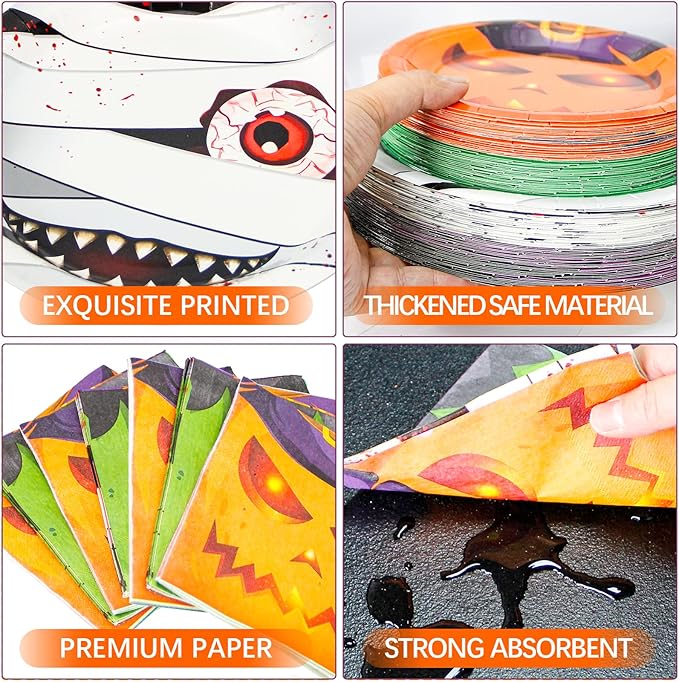 180 Pcs Halloween Paper Plates and Napkins Set,4 Design Pumpkin Monster Bat Disposable Tableware Supplies,for Halloween Party Decoration,Serve 60