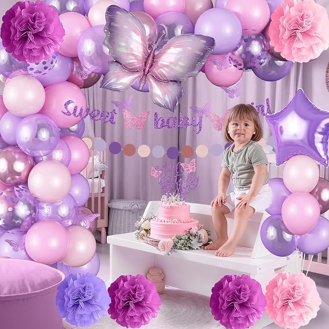Butterfly Baby Shower Decorations for Girl, Sweet Baby Girl Banner with Pearl Pastel Purple Light Pink Latex Foil Balloons Cake Topper Pom Poms for A Little Butterfly Is On The Way Decoration Supplies