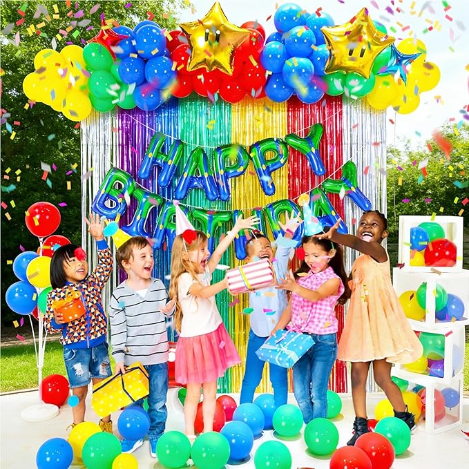 YIIHMEI Super Bros Happy Birthday Banner Party Decorations Balloons with Green Blue Cartoon Game Characters Theme Style Letters Signs Party Supplies for Boy's