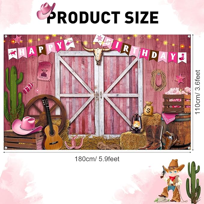 Breling Western Cowgirl Birthday Banner Cowboy Backdrop Photography Booth Prop Pink Cowgirl Party Background for Girls Cowboy Birthday Baby Shower Party Decorations Supplies, 71 x 43 Inch