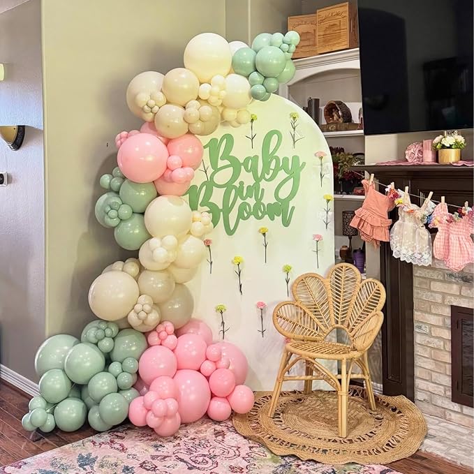 Pink and Green Birthday Decorations,Sage Green Retro Pink Balloons Decor Happy Birthday Banner Star Heart Foil Balloon Cake Topper Party Supplies for Women Girl Boys Baby Shower
