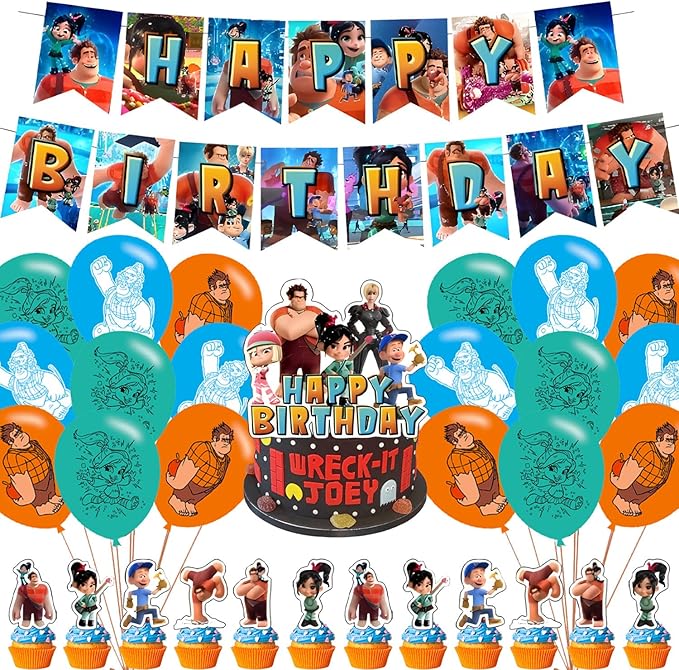 Wreck It Party Decorations,Ralph Birthday Party Supplies Includes Banner - Cake Topper - 12 Cupcake Toppers - 18 Balloons