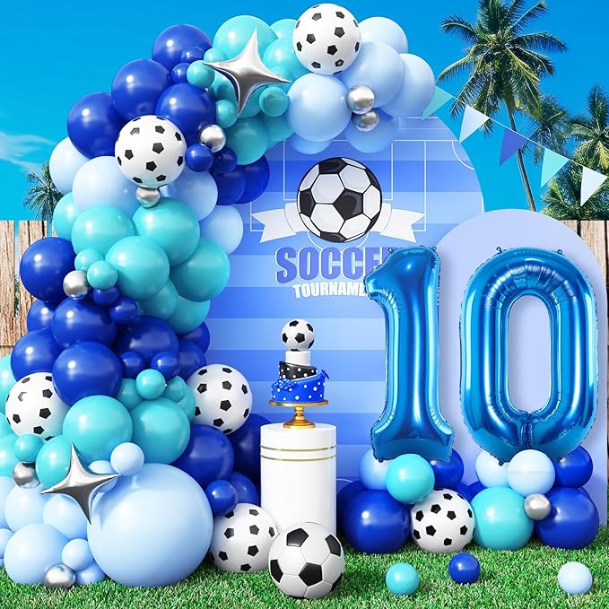 10th Birthday Soccer Party Decoration for Boys, 10th Soccer Birthday Balloons Arch with Royal Blue Teal Light Blue Balloon Garland Kit Large Number 10 Balloon for 10th Football Birthday Party Supply