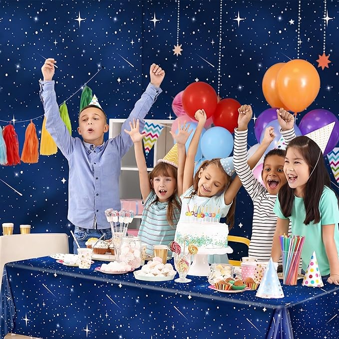 Kochorie 100 Ft X 54 Inch Space Galaxy Tablecloth Roll with Cutter Box Disposable Plastic Blue Galaxy Table Cloth Starry Night Wall Backdrop for Space Star Theme Birthday Baby Shower Party Decorations