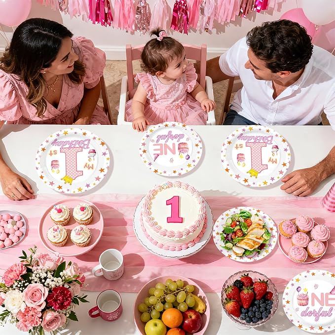 96 Pcs Pink First Birthday Party Decorations Sweet One Happy 1st Birthday Plates and Napkins Pink Party Crown Tableware Set for Girl 1-Year-Old-Birthday Supplies, Serves 24