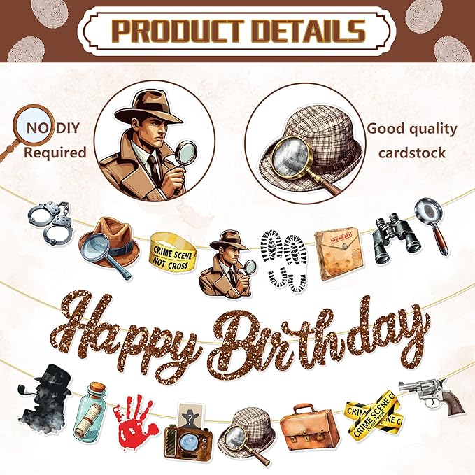 CC HOME 3Pcs Detective Happy Birthday Banner Magnifying Glass Camera Party Hanging Banner Detective Theme Birthday Bridal Wedding Baby Shower Boys Girls Kids Home Classroom Party Supplies Decorations