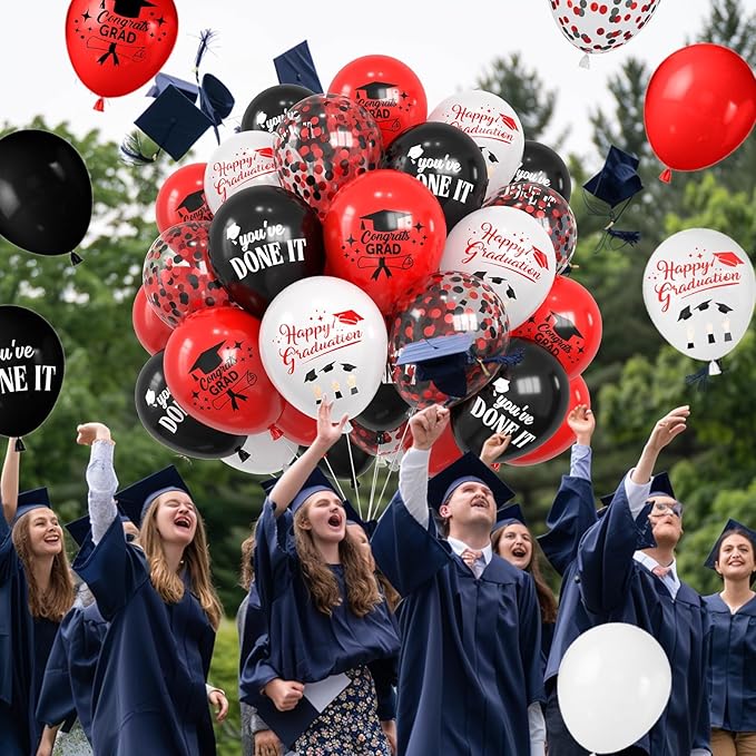 Red Black and White Balloons,12 Inch Print You've Done It Happy Graduation Balloon with Ribbon,for Graduation Class of 2025 Party Decoration Supplies