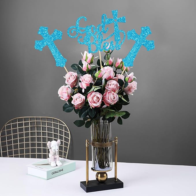 Gyufise 12Pcs God Bless and Cross Centerpiece Sticks Double Sided Cross God Bless Table Flower Centerpieces Sticks First Communion Baptism Decorations for God Bless Theme Party Supplies Blue