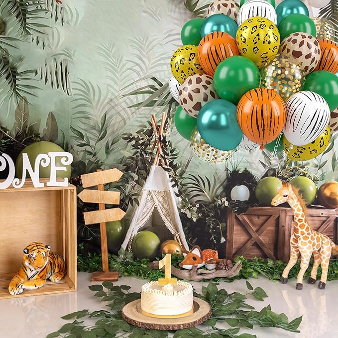 Jungle Safari Balloons, 50 Pcs Animal Print Balloons, 12 Inch Dark Metallic Green Gold Confetti Deer Paw Print Tiger Zebra Leopard Balloons for Birthday Baby Shower Jungle Safari Party Decorations