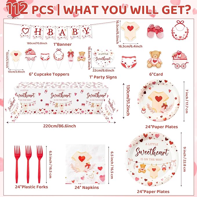 A Little Sweetheart Is On The Way Baby Shower Party Decoration Set - Serves 24 - 112Pcs Bear Tableware Disposable Plate Napkin Tablecloth Banner Card for Birthday Party Supplies
