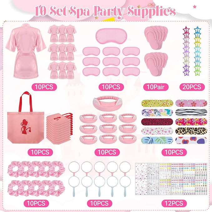 122 Pcs Pink Girls Spa Party Kit, 10-Pack Slumber Party Favors with Satin Robes, Tote Bags, and Nail Salon Accessories for Kids Spa Birthday, Halloween, Home Party Supplies