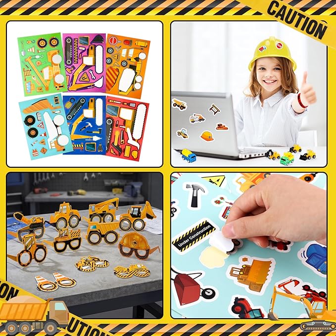 Sratte 148 Pcs Construction Birthday Party Supplies Include 12 Construction Hat, 24 Truck Toy, 24 Vehicle Sticker, 12 Silicone Bracelet, 12 Goodie Bag, 12 Paper Glasses, 50 Shovel, 1 Tablecloth 1 Tape