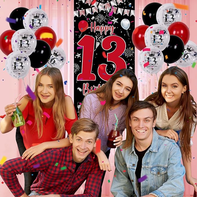 13th Birthday Decorations for Boys Girls, Red Black Happy 13th Birthday Door Banner Sign, Boy 13 Year Old Bday Party Decor Triangle Flag, Large 13 Balloons, Official 13 Teenager Decorations