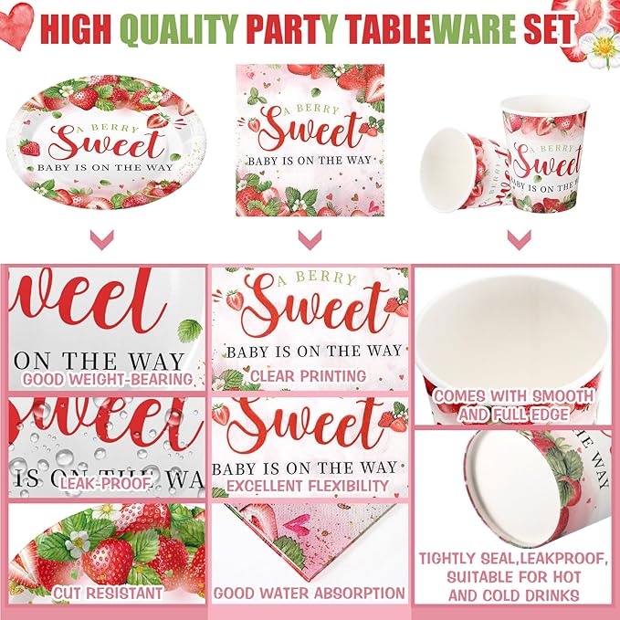 Hushee 200 Pcs Strawberry Baby Shower Paper Plates Napkins Cups Baby Shower Party Supplies Tableware Set a Berry Sweet Baby Is on the Way Disposable Plates for 50 Guest Girls Spring Summer Party
