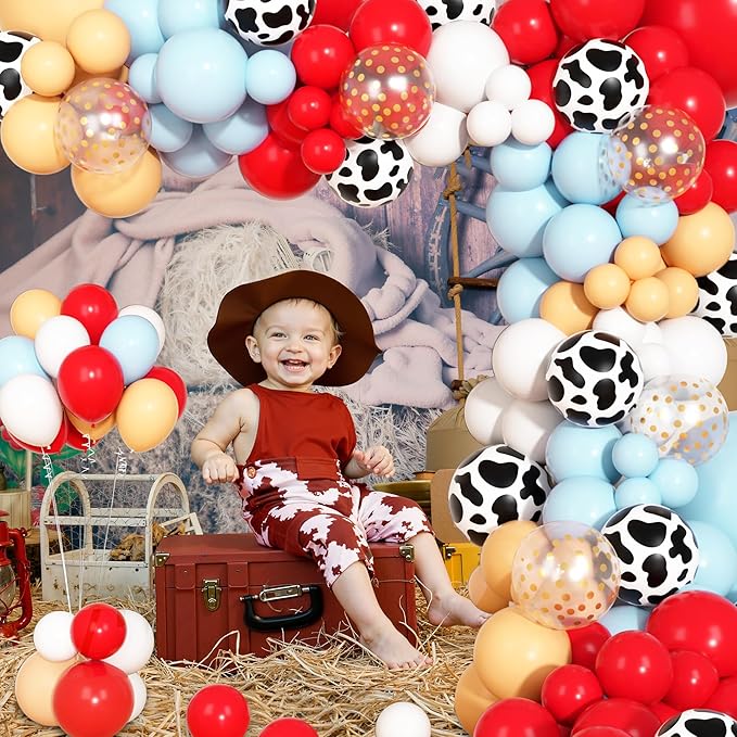 170Pcs Cowboy Western Balloons Arch Garland Kit,Red and Blue Cow Print Balloons for Western Cowboy Cowgirl Farm Animal Themed Baby Shower Birthday Party Decorations Supplies