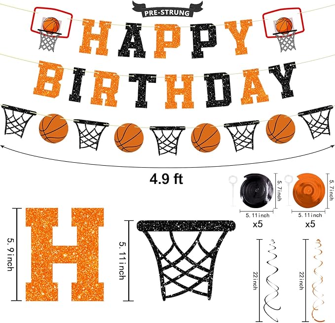 Pre-Strung Basketball Birthday Party Decorations, NO DIY Glitter Happy Birthday Banner, Paper Garland, Black and Orange Hanging Swirls, Basketball Theme Party Supplies
