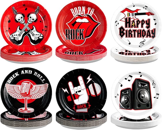 Grencian 60 Pcs Rock Theme Party Paper Plates for Music Birthday 9” 1950's Record Party Decorations Disposable Guitar Dessert Cake Tableware for Halloween Kids Baby Shower 50s 60s Theme Parties