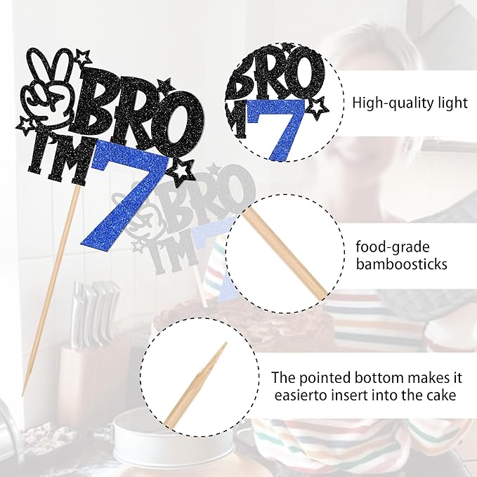 1 PCS Brother I'm 7 Cake Topper Glitter Star Happy 7th Birthday Cake Pick Bro I'm 7 Cake Decoration It's My 7th Birthday Decorations for Boys Cheers to 7 Years Old Birthday Party Supplies Blue