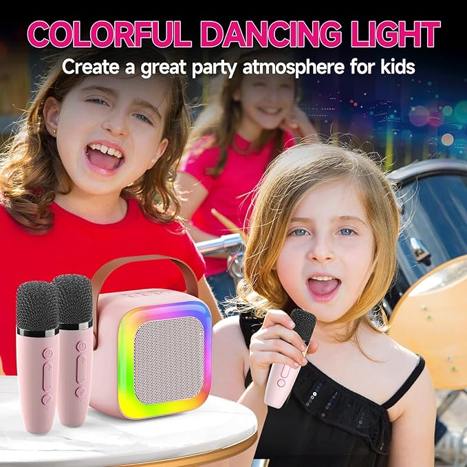 Mini Karaoke Machine for Kids Teen Adults, Kids Karaoke Machine with 2 Wireless Microphones and LED Lights Toys for Party, Home, Gifts for 4 5 6 7 8 9 10 11 12+ Years Girls Boys(Pink)