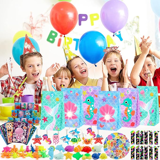 Under Sea Party Favors, 134 Pcs Ocean Birthday Party Supplies - Ocean Sea Animal Toys, Scratch Art Set, Grow In Water Animals for Under Sea Party Decorations, Goodie Bag Stuffers