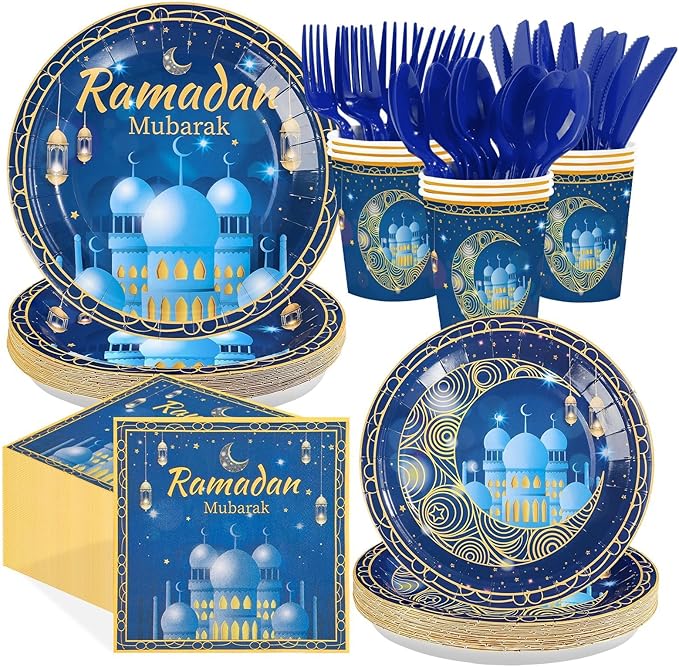 168Pcs Blue Eid Ramadan Decorations Mosque Lantern Moon Plates and Napkins Cups Forks Islamic Eid Mubarak Decor Tableware Sets for Islamic Muslim Ramadan Mubarak Muslim Home Party Supplies Serves 24