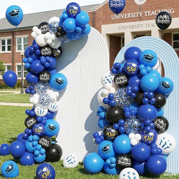 Blue Black White Graduation Balloons, 50 Pcs Congrats GRAD Cap Printed Balloons, 12 Inch Dark Navy Blue Black Confetti Latex Balloons Helium for Men Class of 2026 Happy Graduation Party Decorations