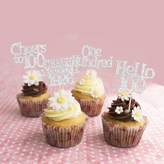 Ephlyn 24Pcs Happy 100th Birthday Cupcake Toppers Glitter Straight Outta 1926 Cupcake Picks Hello 100 Cheers to 100 Years Birthday Cake Decorations for 100th Birthday Anniversary Party Supplies Silver
