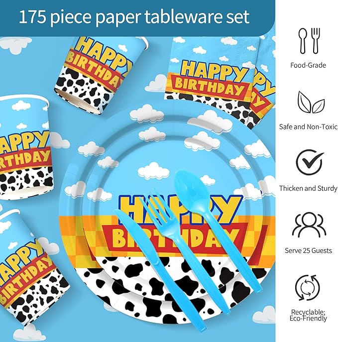 175Pcs Cartoon Birthday Party Supplies Cow Print Birthday Party Decorations Cartoon Plates and Napkins Tableware Set Blue Cloud Cow Print Party Supplies Kids 1st 2nd 3rd 4th Party Decor