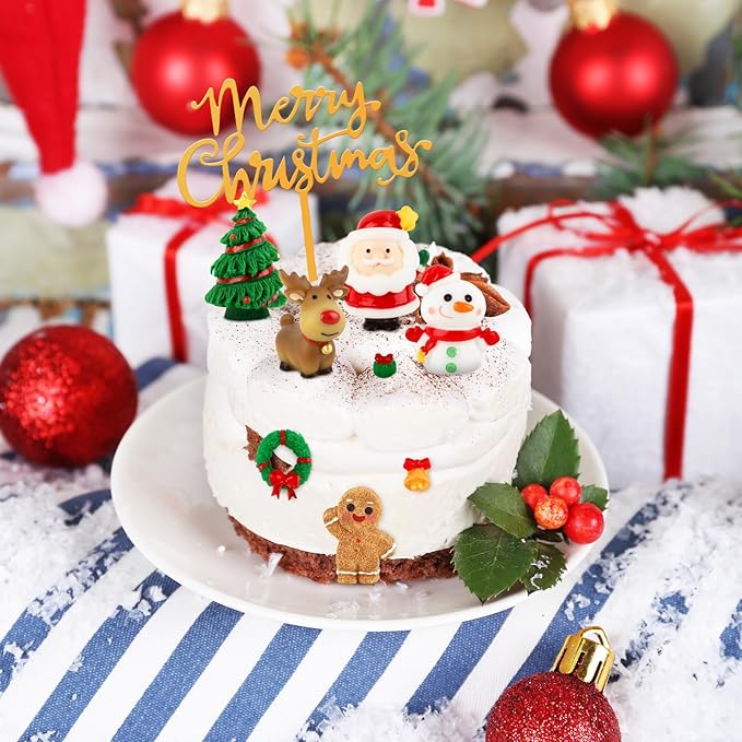 Hooqict 9Pcs Christmas Cake Decorations with Santa Claus, Reindeer, Snowman, Gingerbread, Merry Christmas Cake Topper for Xmas Holiday Birthday Party Cake Decorations Supplies