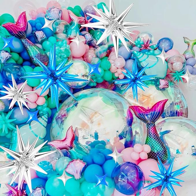 20 Pcs 27'22'Explosion Star Foil Balloons - 12 Point, Spike and Four Pointed Star Balloons for Party Supplies - Christmas, Birthday, Wedding & Photo Booth (Silver Blue)