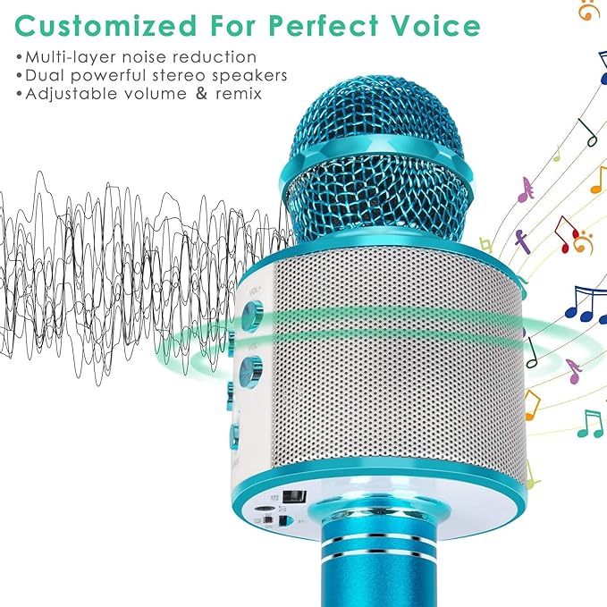 Wireless Bluetooth Karaoke Microphone for Kids, 5-in-1 Portable Handheld Karaoke Mic Speaker Player Recorder with Adjustable Remix for Kids Girls Boys Teens Birthday (Blue)