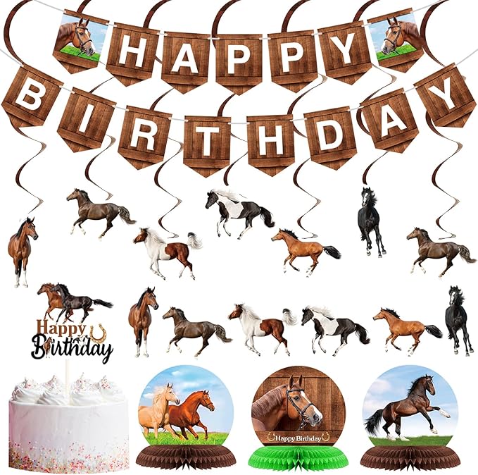 Tinlade 29 Pieces Horse Party Decorations Horse Birthday Banners Cowboy Hanging Swirls Hanging Cards Cupcake Toppers Honeycomb Centerpiece for Birthday Party Supplies(Classic)