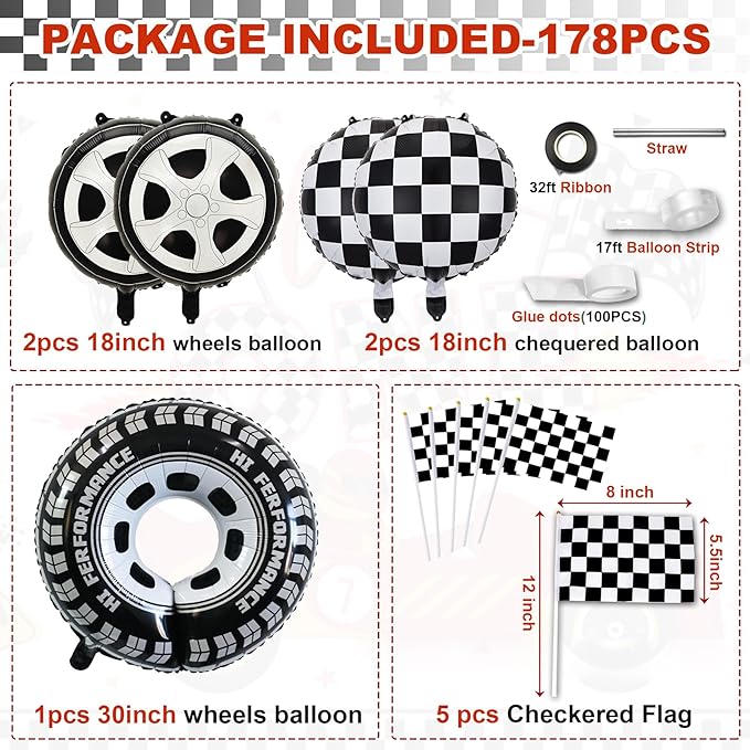 Race Car Birthday Party Balloons Arch Kit,179pcs Race Car Party Decorations Red yellow black and blue & Checkered Flag & Wheels Foil Balloon for Boys Racing car Theme Two Fast Party Supplies