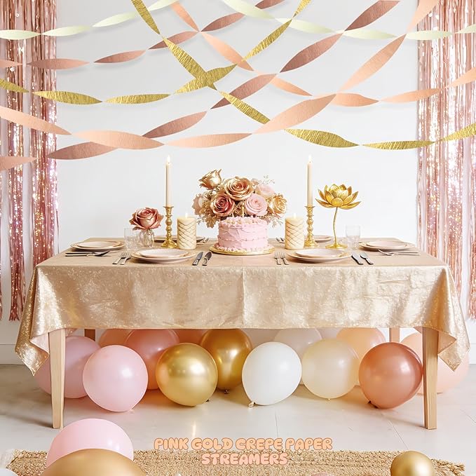 AOYOO Rose Gold Pink Streamers - 6 Rolls Metallic Gold & Blush Crepe Paper Streamer Decorations for Birthday, Wedding, Bridal Shower, Baby Shower, Bachelorette - Elegant Boho Hanging Backdrop Decor