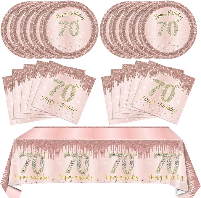 41PCS 70th Birthday Decorations for Women Rose Gold Happy 70 Birthday Party Decor Including 70th Birthday Plates Napkins Tablecloth Set For Girl Ladies Women 1956 Party Supplies