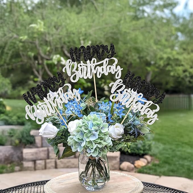 Gyufise 12Pcs Happy Birthday Centerpieces Sticks Double Sided Glitter Birthday Party Decorations Anniversary Table Flower Centerpiece for Celebrating Party Supplies Black Silver