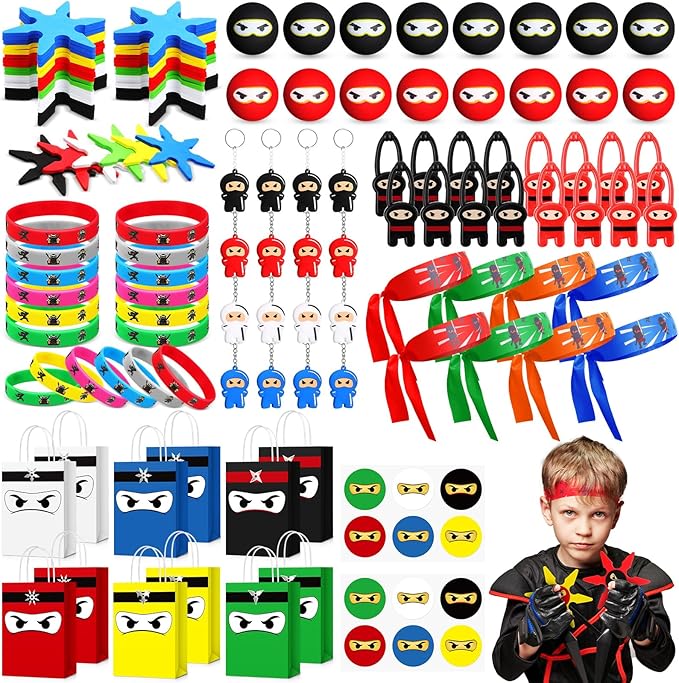 24 Guests 192 Pcs Ninja Party Favors Include Ninja Paper Bags Bouncy Balls Throwing Favors Flying Slingshot Headbands Silicone Bracelets Keychains Stickers for Birthday Party Supplies