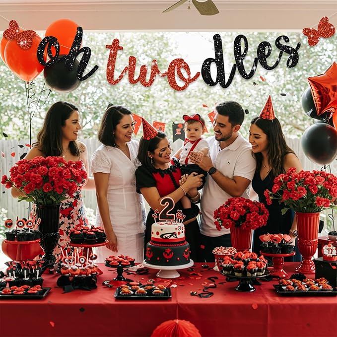 Glitter Black Red Oh Twodles Banner Pre-Strung Mouse Themed Cartoon Party Sign Garland 2nd Baby Birthday Decorations Birthday Party Supplies for Boys Girls,NO DIY