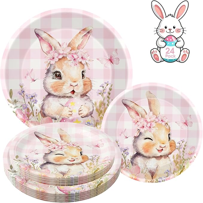 24 Pcs Easter Plates - Spring Flowers Buffalo Plaid Easters Rabbit Paper Plate, Pink Cute Bunny Dinner Dessert Plates Disposable Round Tableware Set for Happy Easter Table Decorations Party Supplies