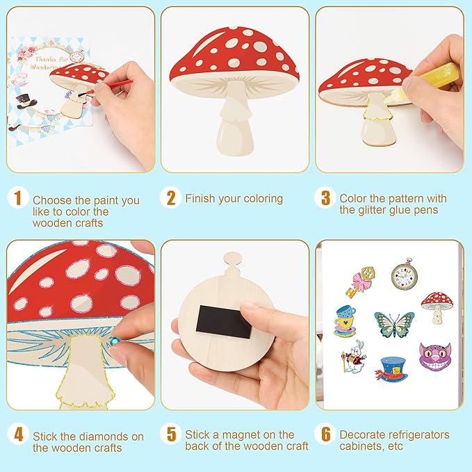 Bafeil 24 Sets Alice Party Favors, DIY Wooden Painting Crafts Kit with Magnets, Wonderland Birthday Decorations, Tea Party Supplies Goodie Bags Gifts Stuffers Prizes Classroom Rewards
