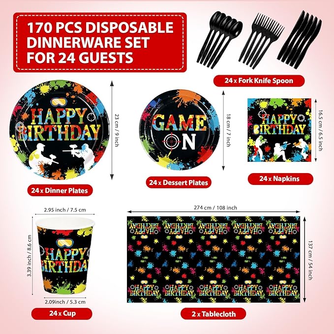 170Pcs Paintball Birthday Party Decorations Colorful Splash Shooting Game Themed Plates Napkins Cups Forks Knives Spoons Tablecloths for Kids Boy Birthday Baby Shower Holiday Party Supplies Serves 24
