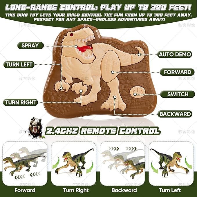 Remote Control Dinosaur Toys for Kids, Dinosaur Toys for Boys Big Walking Velociraptor Dino with Light Sound and Spray Stream Birthday