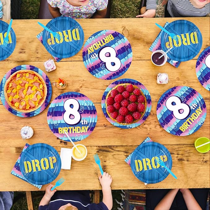 96Pcs 8th Video Game Birthday Party Supplies Happy 8th Game Theme Plates and Napkins Disposable Blue Drop Tableware Set for 8 Year Old Kids Boys Birthday Decorations Serves 24