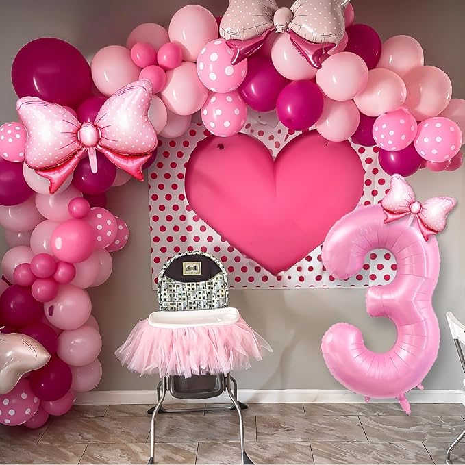 Pink 3rd Birthday Balloons Decorations, Hot Pink Rose Polka Dots Balloon Arch Kit, Huge Bow Foil Balloons, pink Number 3 Balloon Tower for Baby Shower Girls Princess 3rd Theme Party