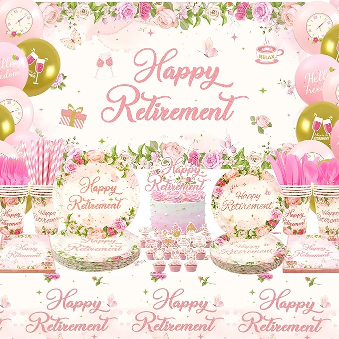 Floral Retirement Party Decorations - Pink Retirement Party Supplies including Backdrop, Plate, Cake Topper, Cup, Napkin, Balloon, Tablecloth - Serves 20