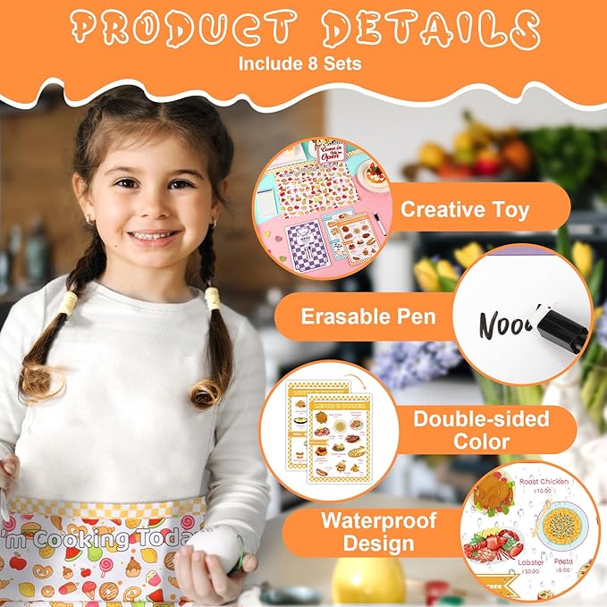 7 Pieces Restaurant Server Play Toys Set Pretend Play Restaurant Food Kids Waitress Set Pretend Restaurant Menus with Play Kitchen Dress Up Clothes for Toddler Girls Boys Party Learning Birthday Gift